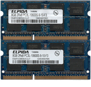 【DDR3 8GBx2枚 合計16GB ノートPC用】＜動作確認済＞ELPIDA 低電圧1.35V DDR3L-1333 (PC3L-10600S) EBJ81UG8EBU0-DJ-F x 2枚【中古】H135