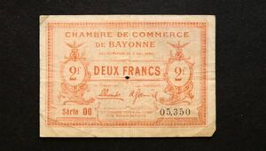 フランス バイヨンヌ 緊急紙幣 2フラン（1920前後）[3350]