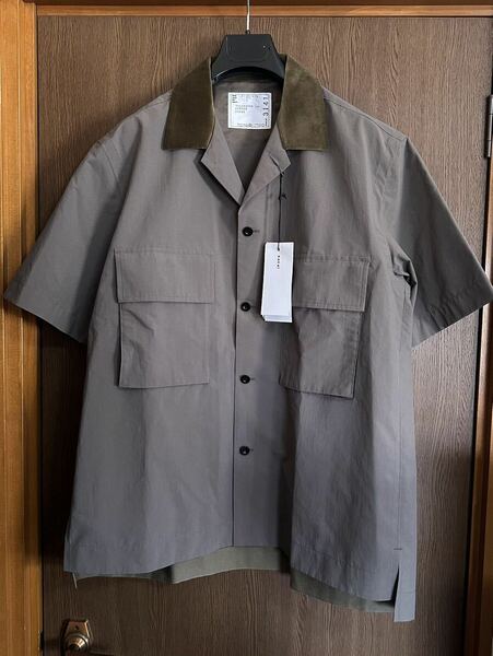 1新品 sacai サカイ メンズ Matte Taffeta 半袖シャツ カーキ グレー 23AW size 1 S Tシャツ 半袖 カットソー オープンカラー