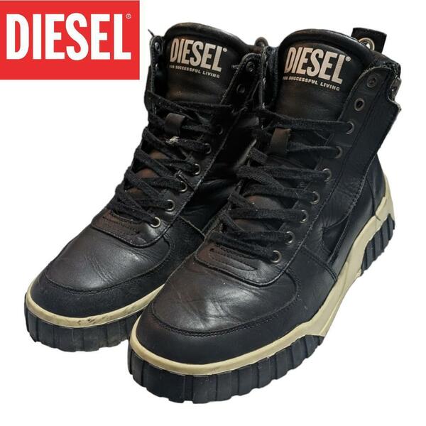 DIESEL S-RUA MID ブラック レザー サイドジップ スニーカー ディーゼル 