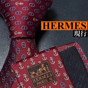 【未使用級/現行】HERMES エルメス ネクタイ シルク ファソネH H柄 H織 Hマイヨン イカリ 刺繍 ジャガード ビジネス メンズ レッド 赤色