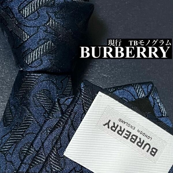 【未使用級/現行】BURBERRY バーバリー TBモノグラム メンズ ネクタイ シルク ナロータイ 刺繍 ジャガード ネイビー系 紺 ブルー系 青