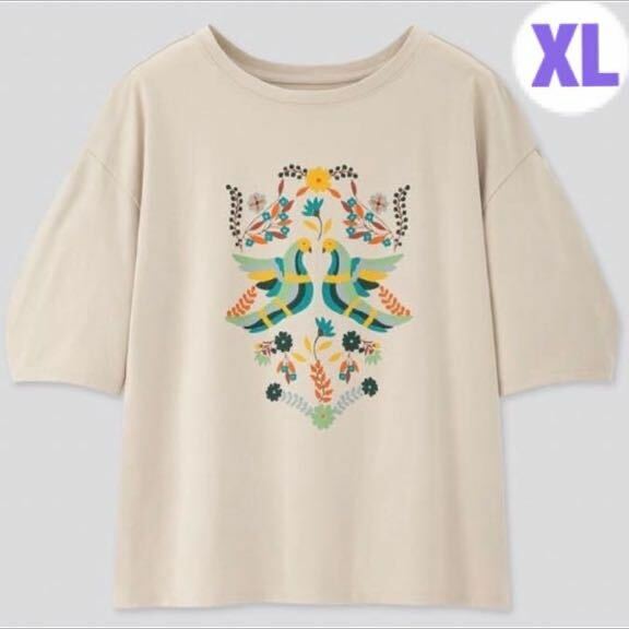 新品タグ付き　XL ユニクロ アナスイ コラボ　UT 半袖Tシャツ ANNA SUI ライトグレー　鳥　ふんわり袖