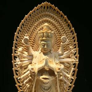 仏教美術 精密彫刻 仏像 手彫り 八角台座 桧木製 千手観音菩薩 高さ約43ｃｍの画像4