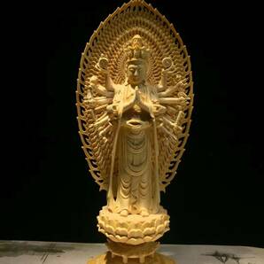 仏教美術 精密彫刻 仏像 手彫り 八角台座 桧木製 千手観音菩薩 高さ約43ｃｍの画像8