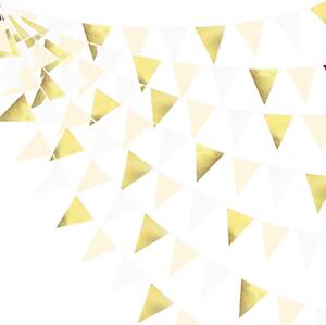 ベージュ白と金 PinkBlume ホワイトベージュとゴールド三角旗 布ガーランドバナーパーティー 飾り白と金ペナントアウトドア 