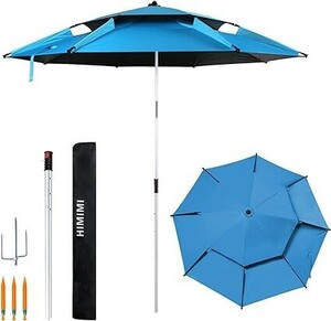 パラソル 釣り傘 ビーチパラソル 角度調節　UVカット チルト機能付　日傘 ブルー（直径220ｃｍ）　収納バッグ付き