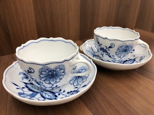 未使用 ★MEISSEN マイセン ブルーオニオン 2客★ ペア カップ＆ソーサー ティー/コーヒー兼用 ◇13762