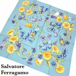 美品 Salvatore Ferragamo サルバトーレ フェラガモ 大判 スカーフ シルク 鳥/花/水色/ブルー イタリア製 ツイリー 正規品 保証 最落無