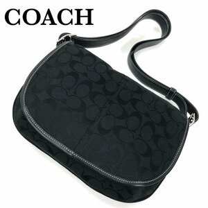 未使用 美品 COACH コーチ シグネチャー フラップ 斜め掛け ショルダーバッグ キャンバス×レザー 6842 黒/ブラック 最落無