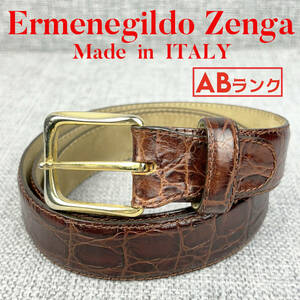 良品★Ermenegildo Zegna エルメネジルド・ゼニア メンズ ベルト 90cm クロコダイル型押しレザー 本革 茶 イタリア製