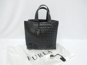 ‡ 0564 FURLA フルラ クロコダイル型押し ハンドバッグ レザーバッグ ミニバッグ 黒 ブラック ロゴチャーム GENUINE LEATHER 保存袋付