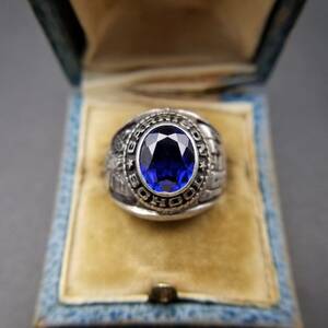 1977年 Bale社製 米国 ヴィンテージ クラスリング Garrison High School カレッジシグネット 925 シルバー 銀 指輪 存在感 青石 Y14-H