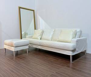 [ rare ]tesetede sede FMS company white leather 3 seater . sofa ottoman attaching head rest attaching IDC large . furniture sum total approximately 180 ten thousand jpy 