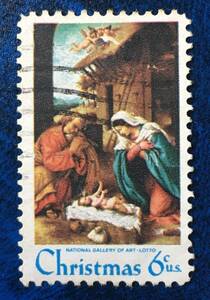 【絵画切手】アメリカ 1970年 クリスマス切手 ロレンツォ・ロット画「キリスト降誕」押印済み 1種