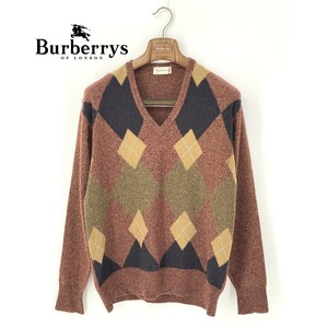 A8945/ビンテージ 美品 春夏 BURBERRY バーバリー カシミヤ100% 長袖 アーガイル柄 Vネック ニット リブ セーターM 赤 メンズ/カーディガン