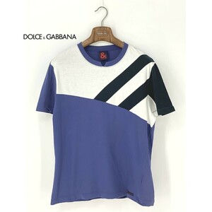 A8132/極美品 春夏 DOLCE&GABBANA ドルチェアンドガッバーナ コットン プリント バイカラー 半袖 Tシャツ カットソー 50 L程 紺 白/メンズ