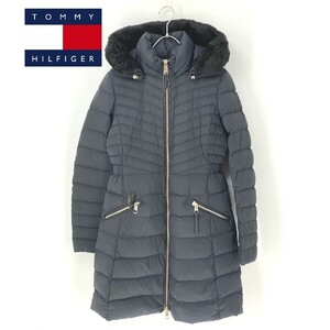 A8999/美品 秋冬 TOMMY HILFIGER トミー・ヒルフィガー 長袖 ジップアップ フード着脱 ダウン ロング コート ジャケット M 紺 レディース