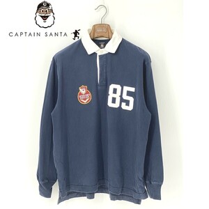 A8595/美品 春夏 CAPTAIN SANTA キャプテンサンタ コットン ワッペン 長袖 ラガーシャツ Tシャツ ロンT ヘンリーネック L 紺 メンズ