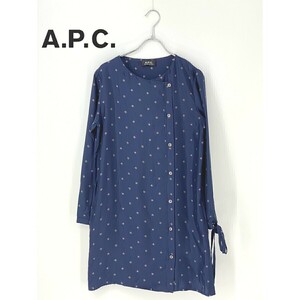 A7783/ beautiful goods spring summer A.P.C A.P.C. silk 100% belt attaching deformation floral print total pattern dot pattern long sleeve Mini tunic One-piece S navy blue / lady's 