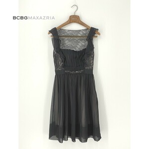 A7744/美品 春夏 BCBG MAXAZRIA マックスアズリア レース シースルー 花柄 ギャザー ノースリーブ 膝丈 ミモレ丈 ワンピースS黒/レディース