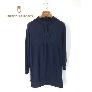 A6591/美品 春夏 UNITED ARROWS ユナイテッドアローズ ウール ハイネック 長袖 ギャザー ニット 膝丈 ワンピース FREE 紺/レディース