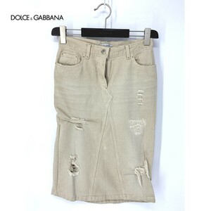 A6479/美品 春夏 DOLCE&GABBANA ドルチェ＆ガッバーナ コットン ダメージ加工 膝丈 ミモレ丈 タイト デニムスカート 40 キナリ/レディース