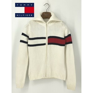 A8784/春夏 TOMMY HILFIGER トミー・ヒルフィガー 厚手コットン 長袖 タートルネック ニット カーディガン ジャケット M 白 レディース