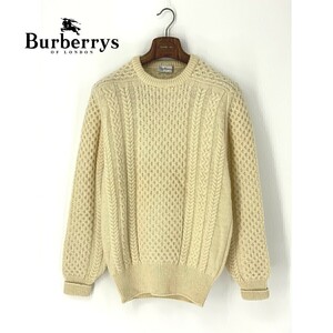 A6960/ Vintage 80s ultimate beautiful goods autumn winter BURBERRY Burberry ound-necked long sleeve cable Alain Fisherman knitted sweater cream / men's 