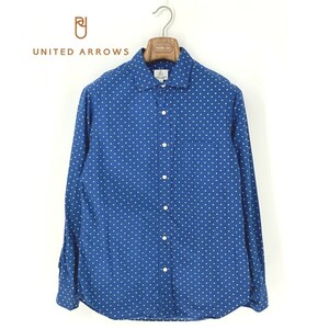 A9010/極美品 春夏 UNITED ARROWS ユナイテッドアローズ コットン 長袖 ショートカラー 総柄 ドット柄 カジュアル シャツ L 青 メンズ