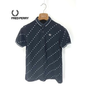 A6676/美品 春夏 FRED PERRY フレッドペリー ストライプ ドット柄 ロゴ刺繍 鹿の子 半袖 Tシャツ ポロシャツ カットソー S 黒/レディース