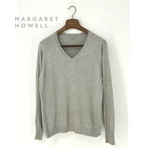 A7897/訳あり 春夏 MARGARET HOWELL マーガレットハウエル コットン Vネック 長袖 ニット リブ セーター M 灰色/メンズ カーディガン