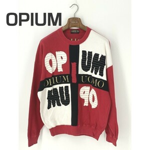 A8146/ビンテージ 美品 春夏 OPIUM UOMO オピウム NISSEISHA コットン デカロゴ 丸首 長袖 スウェット トレーナー44 XL程 赤/メンズ レトロ