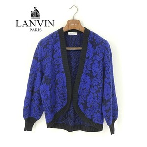 A6942/ビンテージ 80s 極美品 春夏 LANVIN ランバン 花柄 総柄 ボタンレス ニット カーディガン 46 青/イタリア製 レディース ジャケット