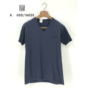 A8741/極美品 春夏 N.HOOLYWOOD エヌハリウッド コットン 半袖 バイカラー Vネック 胸ポケット Tシャツ カットソー 42 L程 紺 黒 メンズ