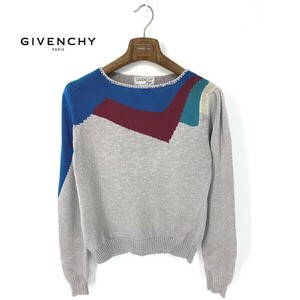 A6438/ビンテージ 美品 春夏 GIVENCHY ジバンシー コットン バイカラー デザイン クルーネック 長袖 ニット リブ セーターM灰色/レディース