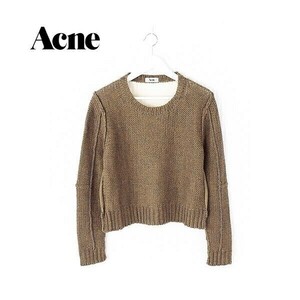 A3606/美品 春夏 Acne アクネ ウール 切り替え デザイン クルーネック プルオーバー リブ ニット セーター S 茶/レディース カーディガン