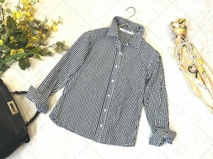 e389* Ray BEAMS Ray Beams silver chewing gum check shirt lady's tops long sleeve French casual blouse standard select 