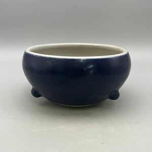 【萬古】中国古美術 清朝期 花入 茶道具 古玩 骨董品 唐物 時代物 当時物 置物 古玩 藍釉 香炉 清代 時代物 古美術