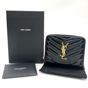 サンローラン SAINT LAURENT カサンドラ 二つ折り財布 エナメル BND668288・0322 ブラック ゴールド金具 キルティング