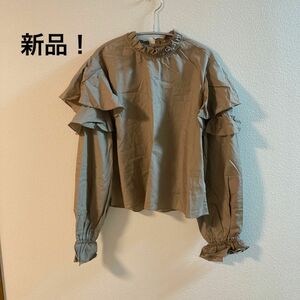 GU ジーユー フリルネックフレアスリーブブラウス ベージュ 綿 新品 M コットン ナチュラル系 長袖 春服