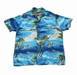 100円スタート40s50s IOLANI 縮緬レーヨン オープンカラーアロハシャツ L ハワイアン USA Hawaii製 半袖 総柄 開襟 ヴィンテージ イオラニ