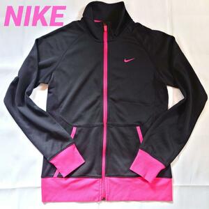 1円～ 美品 NIKE ナイキ ジャケット フルジップ 長袖 L相当 DRI-FIT ジャージ スポーツウェア ピンク ブラック レディース ロゴ入り