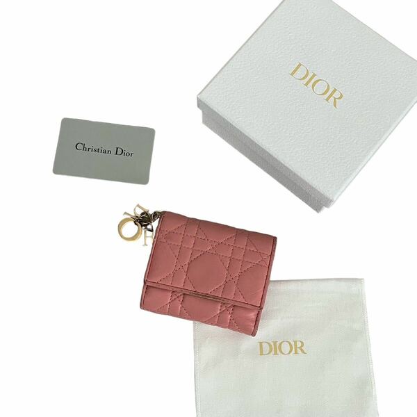 早い者勝ち Christian Dior ディオール カナージュ ロータスウォレット 三つ折り財布 レザー カードケース コインケース ピンク 桃色