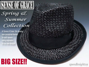 grace 大きいサイズ★ラフィアストローハット【黒/XL】新品 定価￥4900 BIG SIZE サイズ調節可能 男女兼用 天然素材 中折れハット