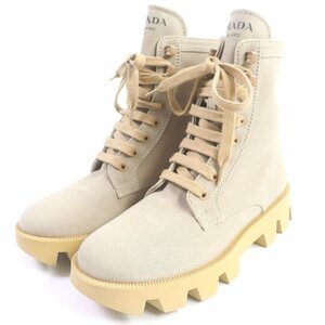 極美品□PRADA プラダ ロゴ入り キャンバス レースアップ コンバットブーツ アンクルブーツ ベージュ 37.5 イタリア製 レディース