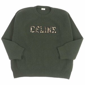 極美品□CELINE セリーヌ 22AW 2AB97650S レオパード ロゴワッペン リブ編み クルーネック 長袖ニット セーター カーキ XXL 伊製 正規品