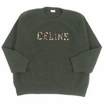 極美品□CELINE セリーヌ 22AW 2AB97650S レオパード ロゴワッペン リブ編み クルーネック 長袖ニット セーター カーキ XXL 伊製 正規品_画像1