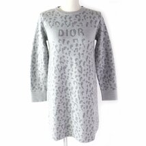 極美品△DIOR ディオール 3WBM14DRSF ウール100％ レオパード柄 ロゴ入り 長袖 ニット ワンピース グレー系 12 伊製 キッズ レディース可_画像1