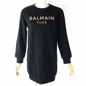 未使用品△BALMAIN バルマン BT1B00 コットン100％ ロゴプリント デザインスリーブ スウェットワンピース 黒 12A キッズ レディース可